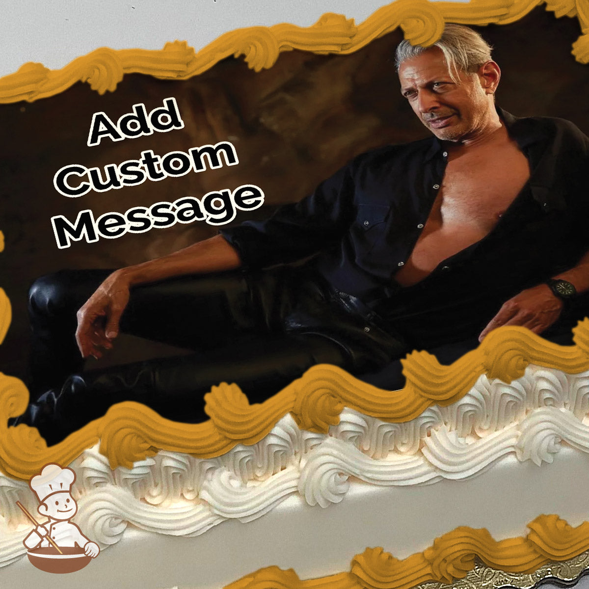 A man reclines in a partially unbuttoned black shirt and leather pants against a dark, textured background. Printed on a photo sheet cake.