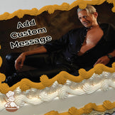 A man reclines in a partially unbuttoned black shirt and leather pants against a dark, textured background. Printed on a photo sheet cake.