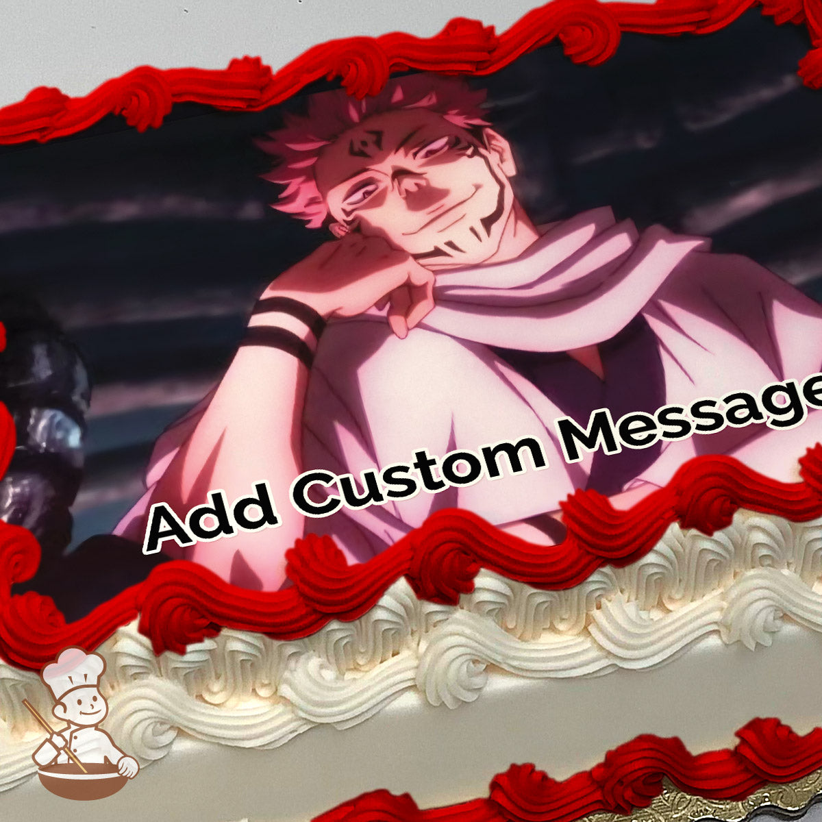 Anime character with pink hair and tattoos smirking, wearing a white scarf. Dark, blurred background. Image printed on a sheet cake.