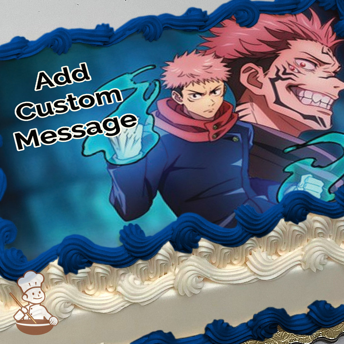 Two anime characters, one serious with glowing blue energy and the other grinning with tattoos, on a dark, glowing blue background, printed on a sheet cake.