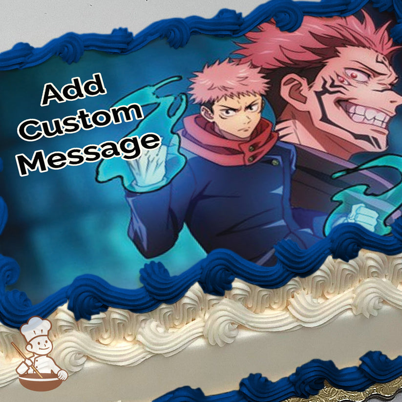 Two anime characters, one serious with glowing blue energy and the other grinning with tattoos, on a dark, glowing blue background, printed on a sheet cake.
