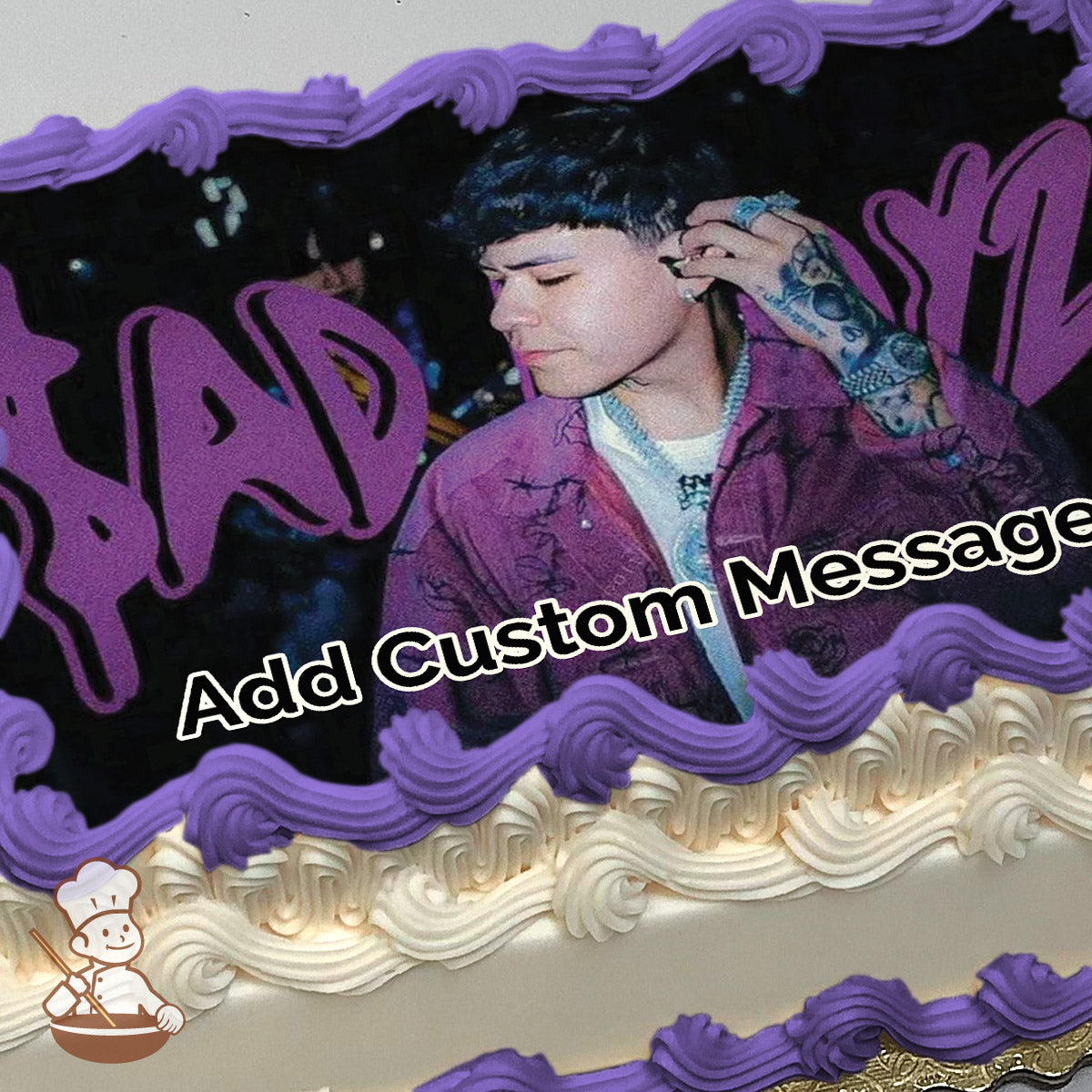 A photo of a person wearing a purple jacket with tattoos on their hand, set against a dark background with purple graffiti-style text. Printed on a sheet cake.