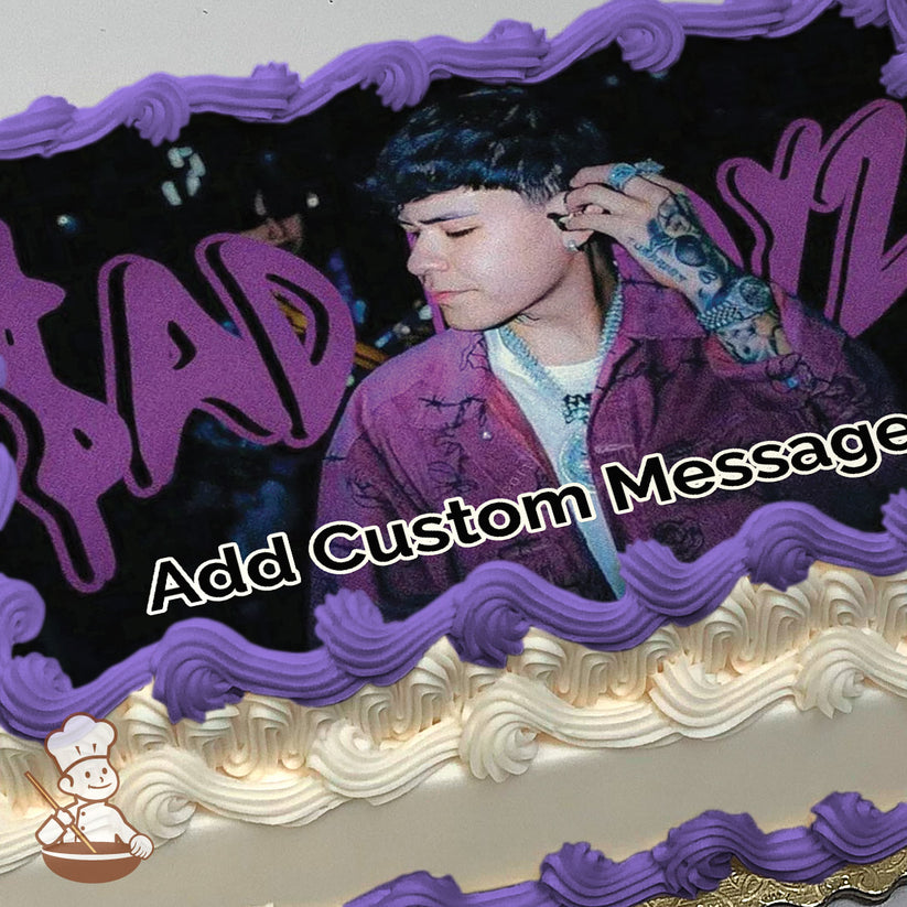A photo of a person wearing a purple jacket with tattoos on their hand, set against a dark background with purple graffiti-style text. Printed on a sheet cake.