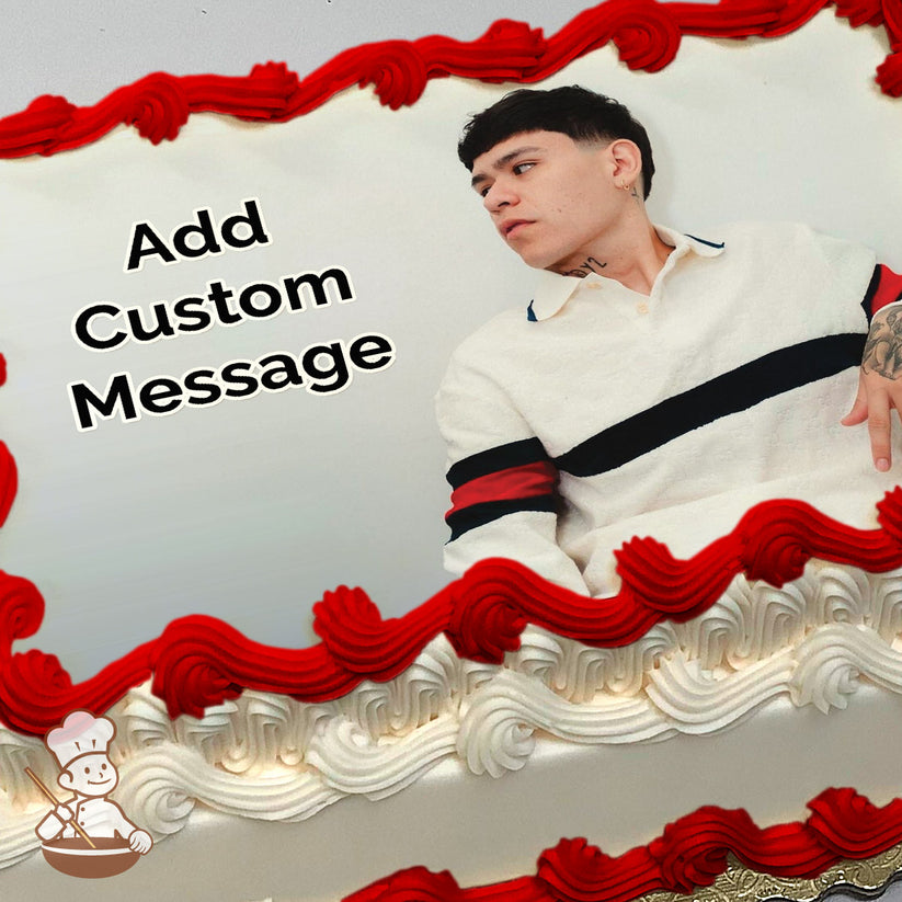 A person in a white sweater with black and red stripes reclines against a plain white background. Image printed on a photo sheet cake.