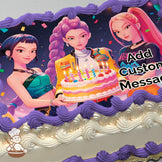 Three animated characters hold a colorful birthday cake with lit candles. The background features a festive night scene with confetti. Printed on a sheet cake.
