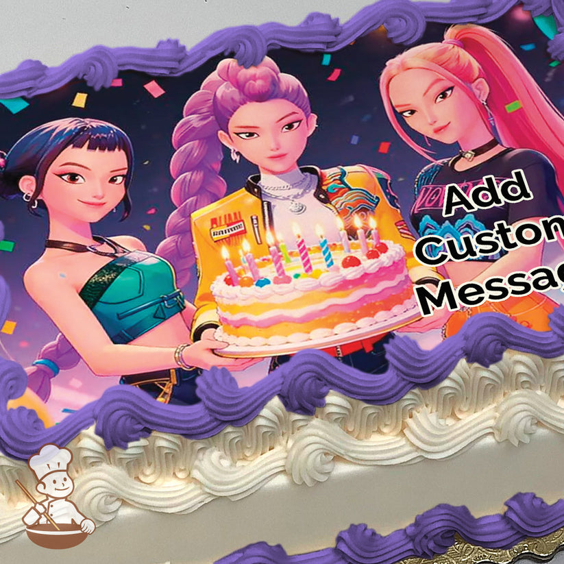 Three animated characters hold a colorful birthday cake with lit candles. The background features a festive night scene with confetti. Printed on a sheet cake.