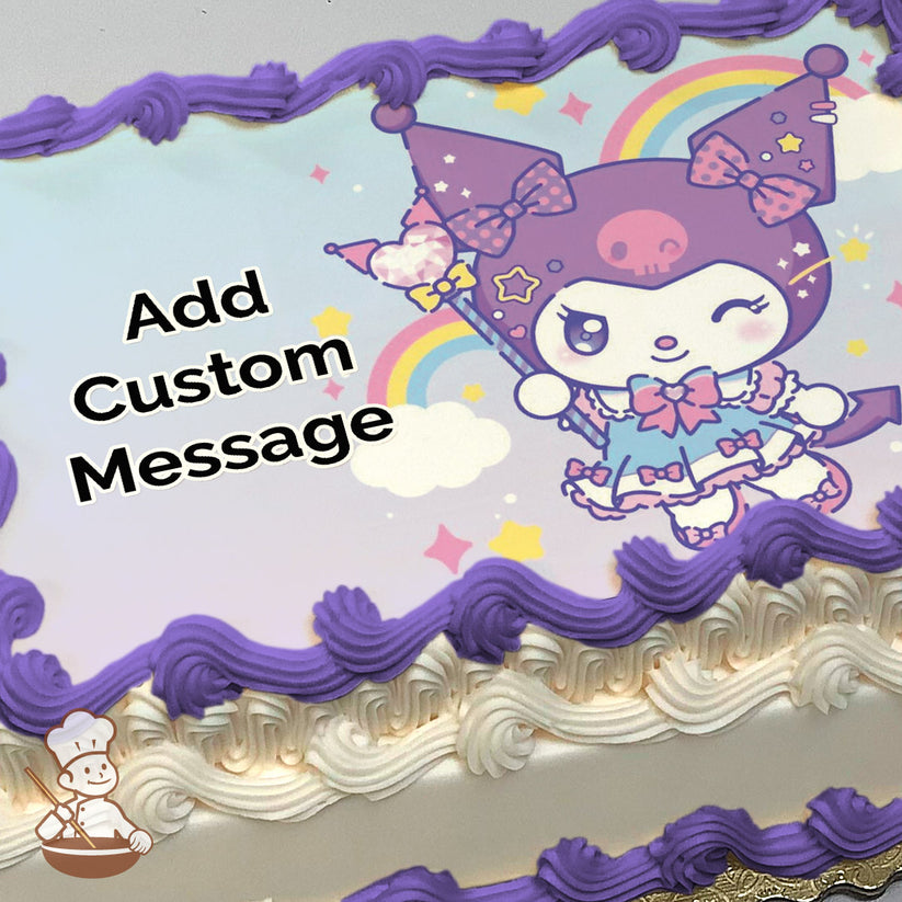 A cartoon character with a purple jester hat, pink bows, and a pastel outfit winks while holding a wand. The background features rainbows, clouds, and stars. Printed on a photo sheet cake.