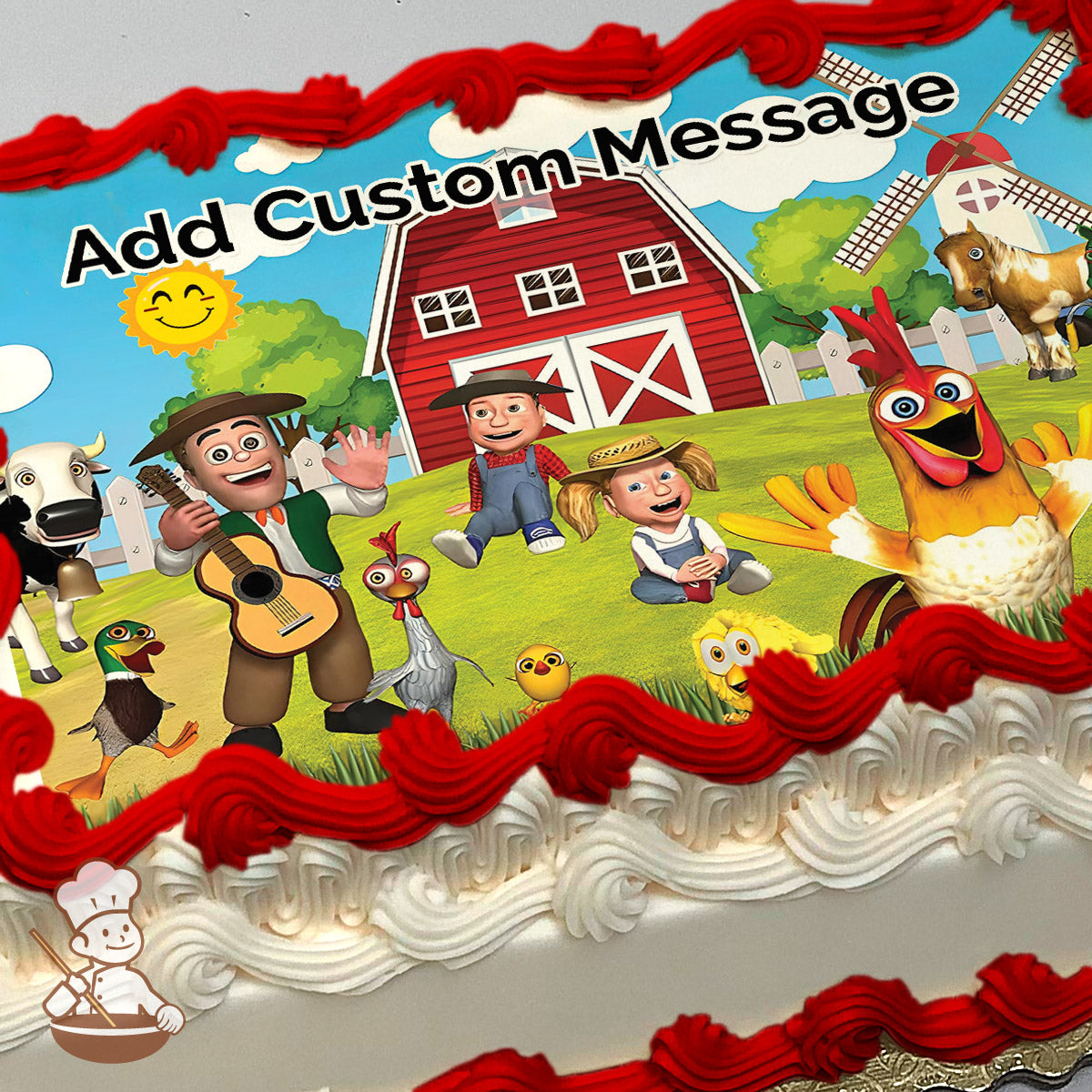 Cartoon farm scene with a red barn, windmill, and animals. Three characters, including a man with a guitar, are on the grass. Printed on a sheet cake.