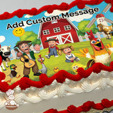 Cartoon farm scene with a red barn, windmill, and animals. Three characters, including a man with a guitar, are on the grass. Printed on a sheet cake.
