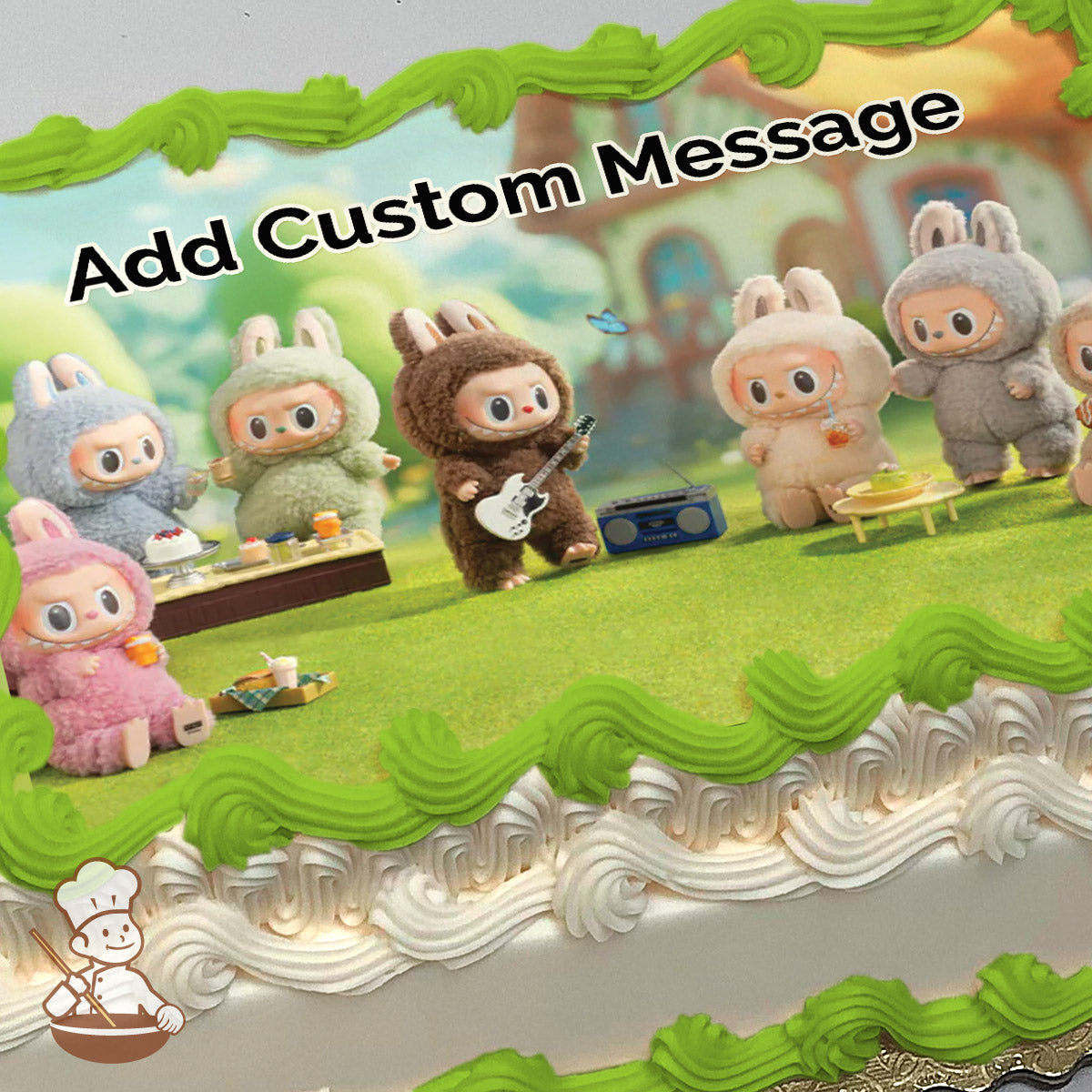 Cartoon characters in colorful costumes enjoy a picnic on a grassy field. A brown bunny plays guitar near a blue boombox. Printed on a sheet cake.