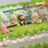 Cartoon characters in colorful costumes enjoy a picnic on a grassy field. A brown bunny plays guitar near a blue boombox. Printed on a sheet cake.