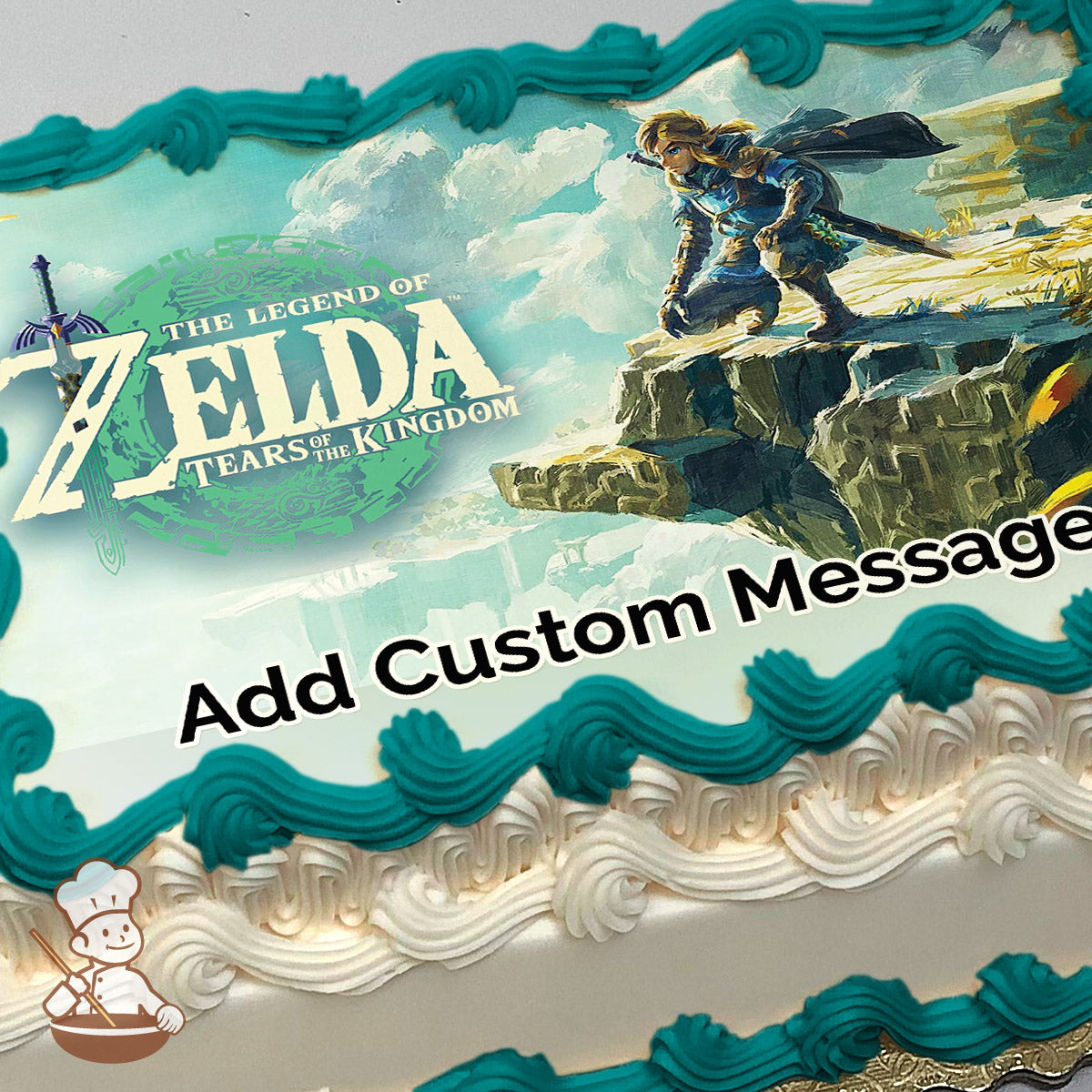 Illustration of Link from "The Legend of Zelda: Tears of the Kingdom" standing on a cliff, overlooking a cloudy sky and distant landscape, printed on a sheet cake.