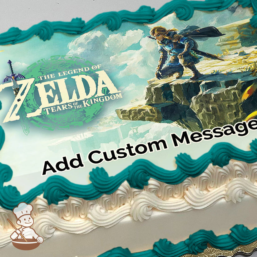 Illustration of Link from "The Legend of Zelda: Tears of the Kingdom" standing on a cliff, overlooking a cloudy sky and distant landscape, printed on a sheet cake.