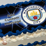 Manchester City logo featuring a ship, shield, and red rose on a dark background with glowing light streaks, printed on a photo sheet cake.