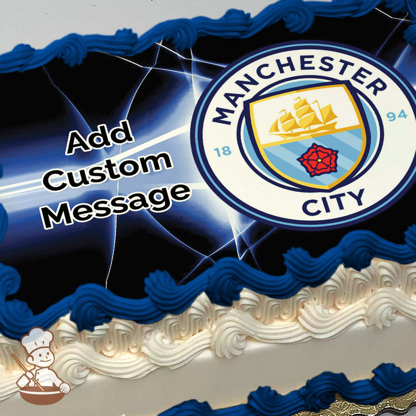 Manchester City logo featuring a ship, shield, and red rose on a dark background with glowing light streaks, printed on a photo sheet cake.