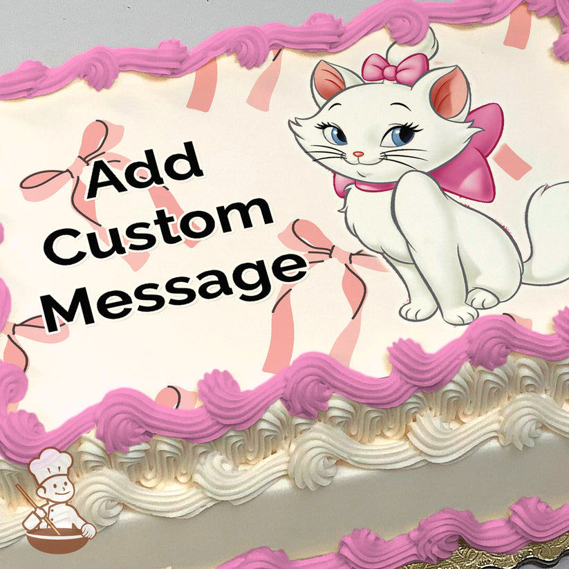 A cartoon illustration of a white cat with blue eyes, a pink bow on its head, and a larger pink bow around its neck. The background features a pattern of pink bows. Printed on a photo sheet cake.