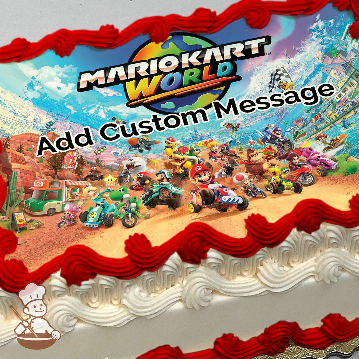Mario, Yoshi, and Donkey Kong race on karts and bikes in a colorful desert and ocean-themed landscape. Printed on a photo sheet cake.