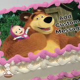 A cartoon bear smiles while holding a small child in a pink outfit. The background features green trees and a wooden shed. Printed on a sheet cake.