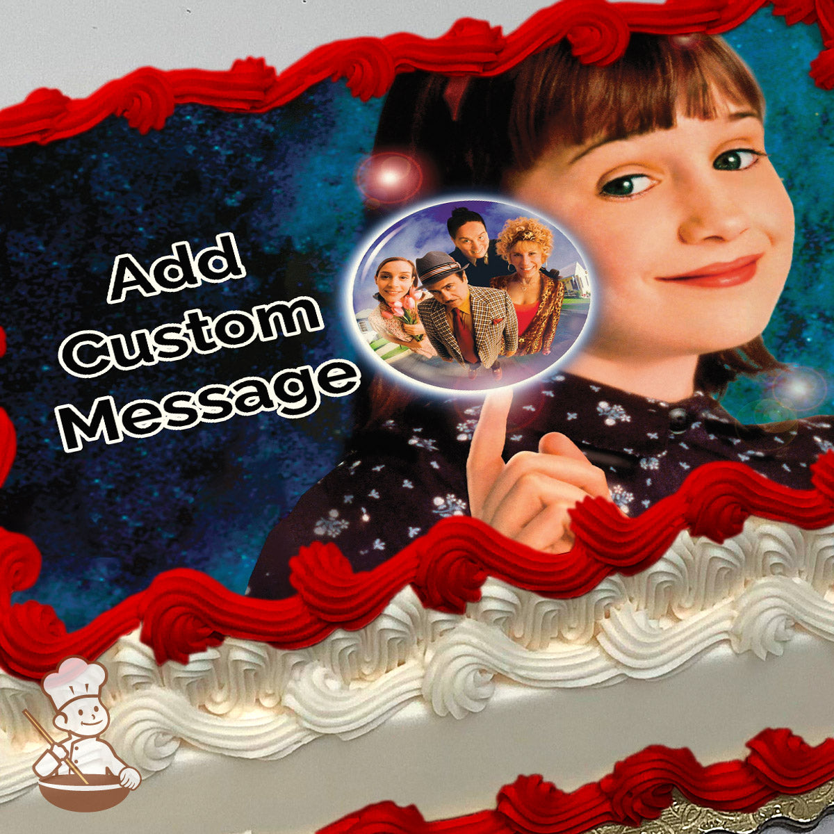 A partially obscured image of a person pointing at a glowing orb containing a group of people, set against a dark, starry background. Printed on a sheet cake.