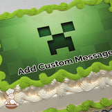 A pixelated green Creeper face from Minecraft on a gradient green background, printed on a photo sheet cake.