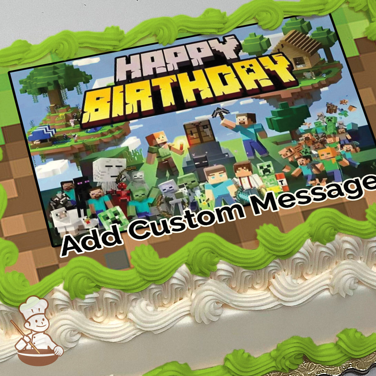 A colorful Minecraft-themed illustration featuring characters like Steve, Alex, and Creepers, with a floating island and trees in the background, printed on a sheet cake.