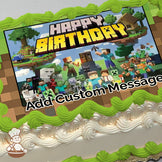 A colorful Minecraft-themed illustration featuring characters like Steve, Alex, and Creepers, with a floating island and trees in the background, printed on a sheet cake.