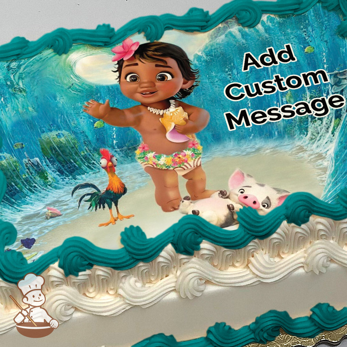 A cartoon baby wearing a flower skirt and holding a shell stands with a rooster and piglet on a beach. The background shows a large ocean wave. Printed on a sheet cake.