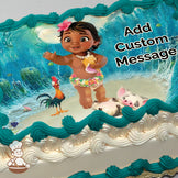 A cartoon baby wearing a flower skirt and holding a shell stands with a rooster and piglet on a beach. The background shows a large ocean wave. Printed on a sheet cake.