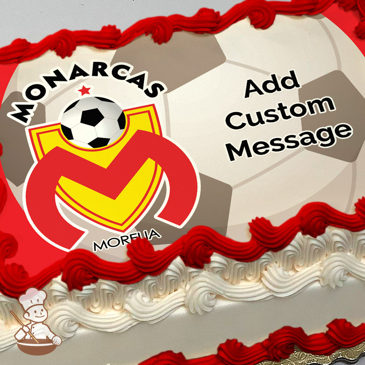 Monarcas Morelia soccer team logo with a red "M," yellow shield, and soccer ball on a  soccer ball background, printed on a sheet cake.
