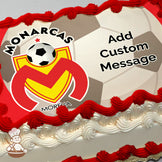 Monarcas Morelia soccer team logo with a red "M," yellow shield, and soccer ball on a  soccer ball background, printed on a sheet cake.