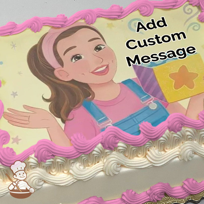 A cartoon illustration of a girl with brown hair wearing a pink shirt and blue overalls, holding a colorful box with a star. The background is light yellow with small stars and swirls. Printed on a photo sheet cake.