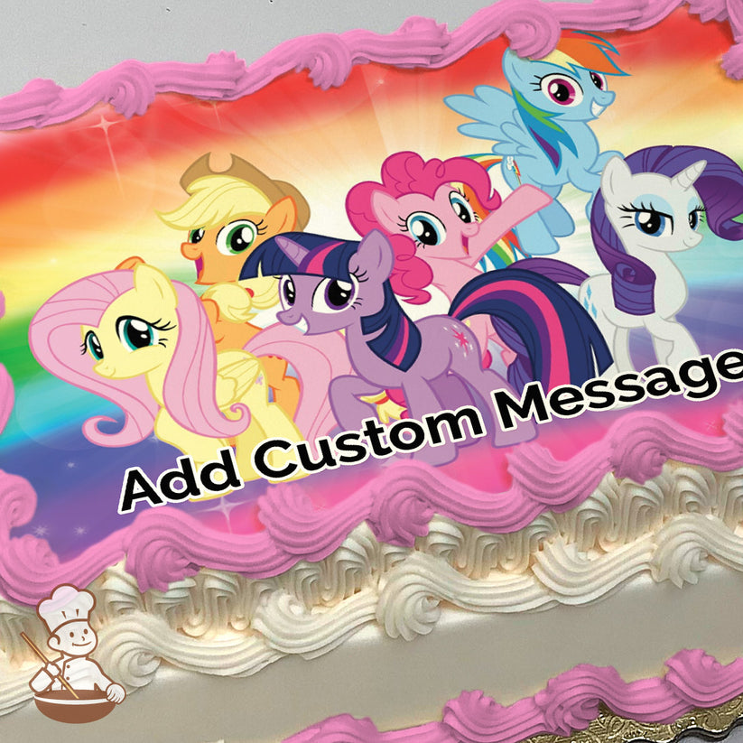 Cartoon image of six colorful ponies, including Twilight Sparkle, Rainbow Dash, and Pinkie Pie, smiling in front of a vibrant rainbow background, printed on a sheet cake.