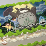 Cartoon image of Totoro with two children, Satsuki and Mei, joyfully jumping. Nighttime forest background with a full moon. Printed on a sheet cake.