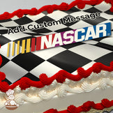 A NASCAR logo is displayed on a black-and-white checkered flag background, printed on a photo sheet cake.