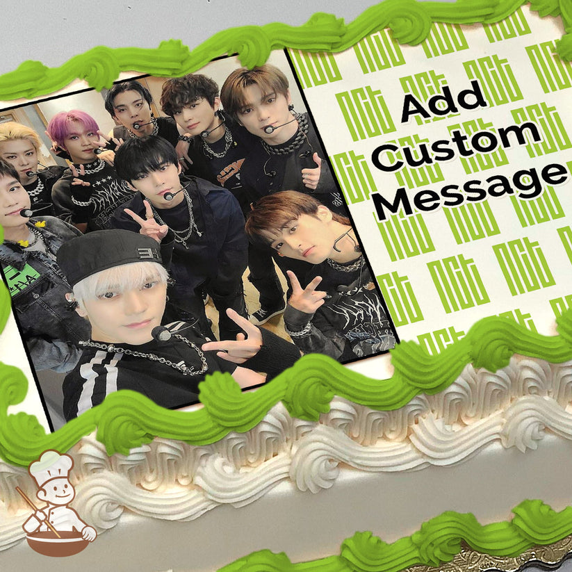 A group photo of nine people posing indoors, wearing dark outfits with accessories. The background is a patterned design with "NCT" text. Printed on a sheet cake.