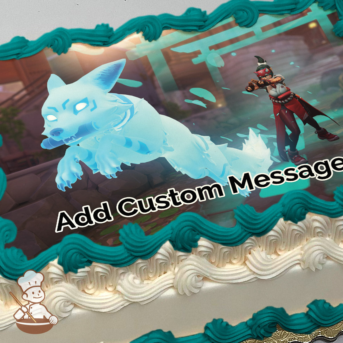 A glowing blue spectral fox leaps forward, accompanied by a character in a red and black outfit casting a spell. The background shows a mystical outdoor setting with stone structures and glowing lights. Image printed on a photo sheet cake.
