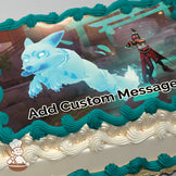 A glowing blue spectral fox leaps forward, accompanied by a character in a red and black outfit casting a spell. The background shows a mystical outdoor setting with stone structures and glowing lights. Image printed on a photo sheet cake.