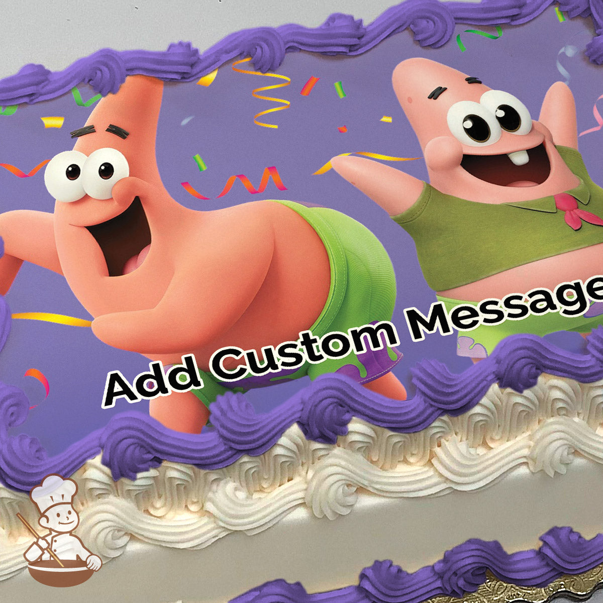 Two cartoon starfish characters, one in green shorts and the other in a green shirt, smiling and dancing on a purple background with colorful confetti. Printed on a sheet cake.