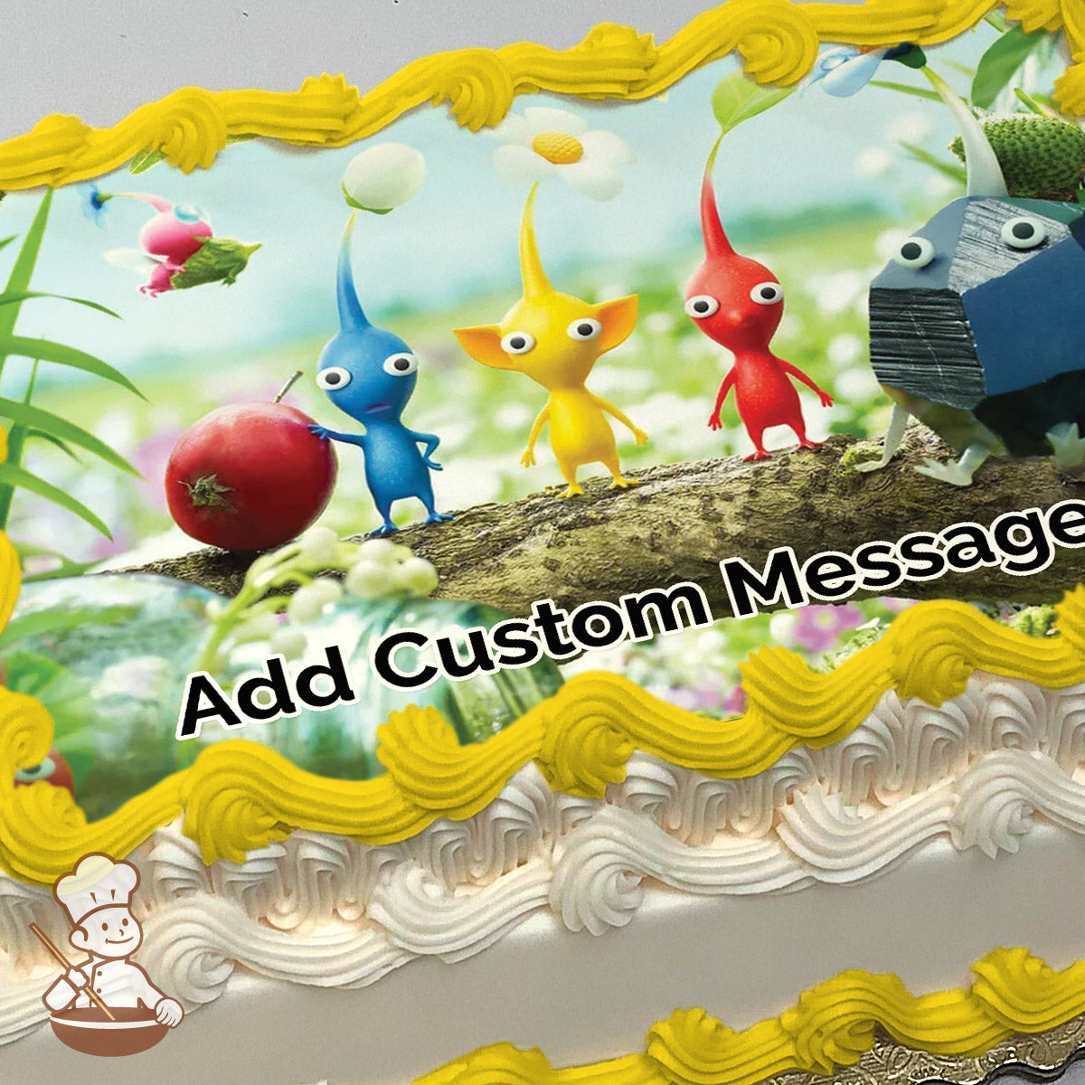 Three colorful cartoon Pikmin characters (blue, yellow, red) and a rock Pikmin stand on a log in a vibrant flower-filled meadow. Printed on a sheet cake.