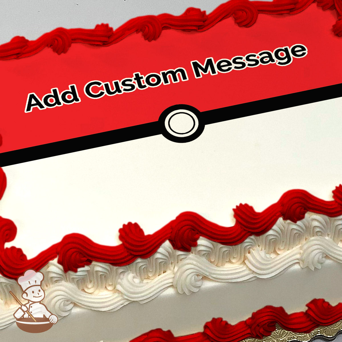 A Poké Ball design with a red top, white bottom, and black horizontal stripe is printed on a photo sheet cake.