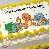 Cartoon illustration of Bulbasaur, Charmander, and Squirtle smiling on a white background with colorful bunting and small stars, printed on a sheet cake.