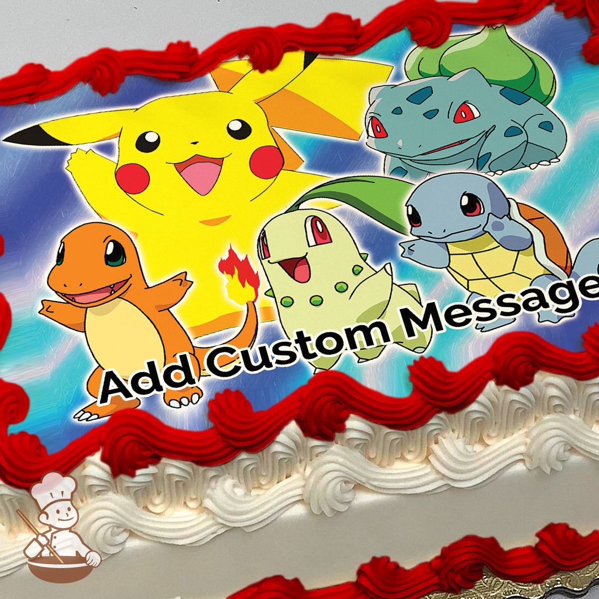 Cartoon image of Pikachu, Charmander, Bulbasaur, Chikorita, and Squirtle on a blue gradient background, printed on a photo sheet cake.