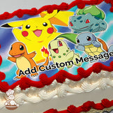 Cartoon image of Pikachu, Charmander, Bulbasaur, Chikorita, and Squirtle on a blue gradient background, printed on a photo sheet cake.