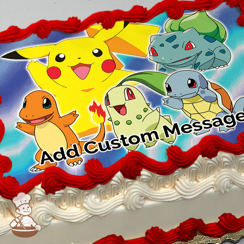 Cartoon image of Pikachu, Charmander, Bulbasaur, Chikorita, and Squirtle on a blue gradient background, printed on a photo sheet cake.
