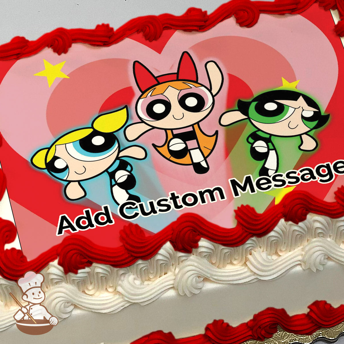 Cartoon illustration of Blossom, Bubbles, and Buttercup flying with a red heart background and a yellow star, printed on a photo sheet cake.