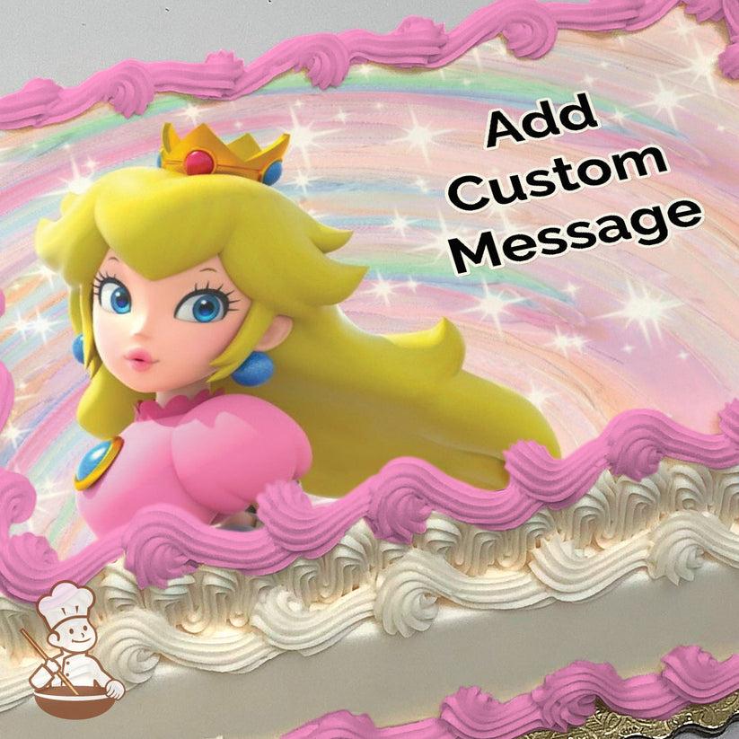 Princess Peach illustration with a crown and pink dress, set against a sparkling rainbow background. Image printed on a sheet cake.