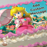Princess Peach holding a pink parasol in a colorful cartoon village background, printed on a photo sheet cake.
