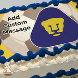 A soccer ball illustration with a blue triangular emblem featuring a yellow lion's head on a yellow and white background, printed on a sheet cake.