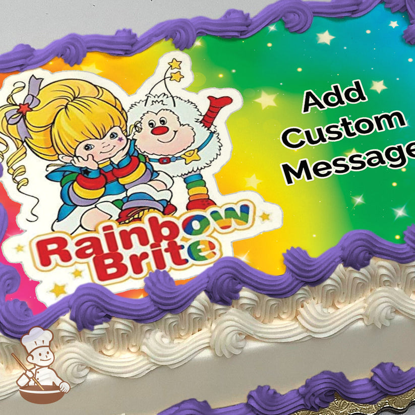 Cartoon illustration of Rainbow Brite and her white furry companion, Twink, on a rainbow gradient background with stars, printed on a photo sheet cake.