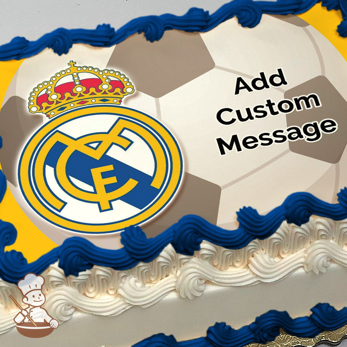 Real Madrid logo with a crown on top, set against a soccer ball graphic and a yellow background. Printed on a photo sheet cake.